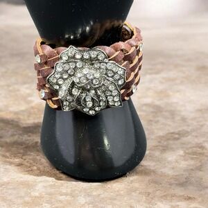 Leather Crystal Rose Cuff Bracelet Adjustable Boho Western‎ Edgy Glam Statement